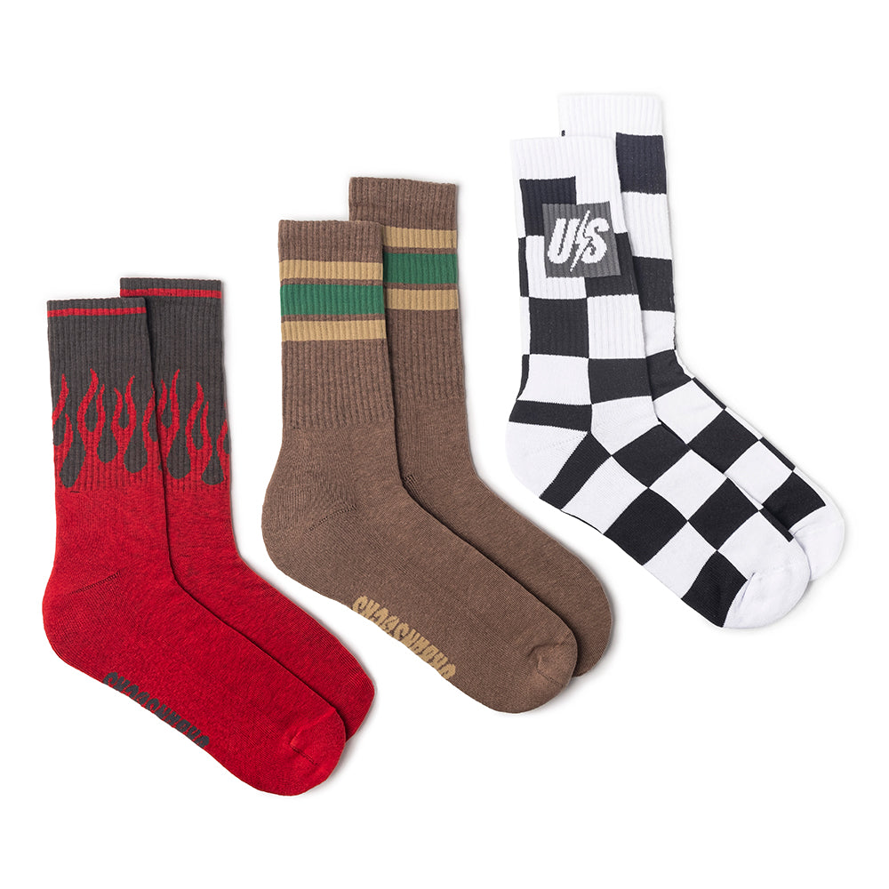 Pack Meia 3 Urbansocks - On Fire Vermelha + Stripes Marrom + Chess P&B