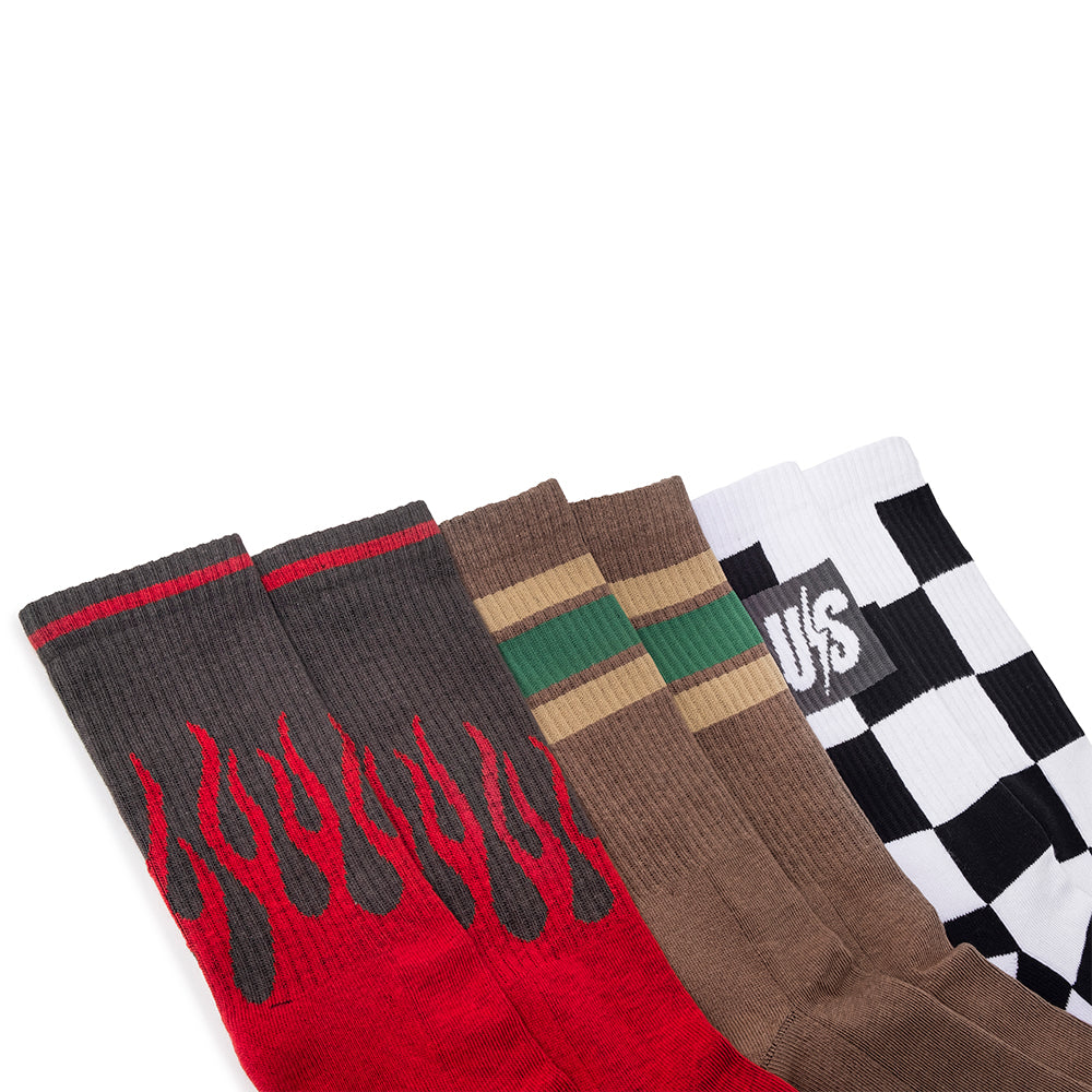 Pack Meia 3 Urbansocks - On Fire Vermelha + Stripes Marrom + Chess P&B